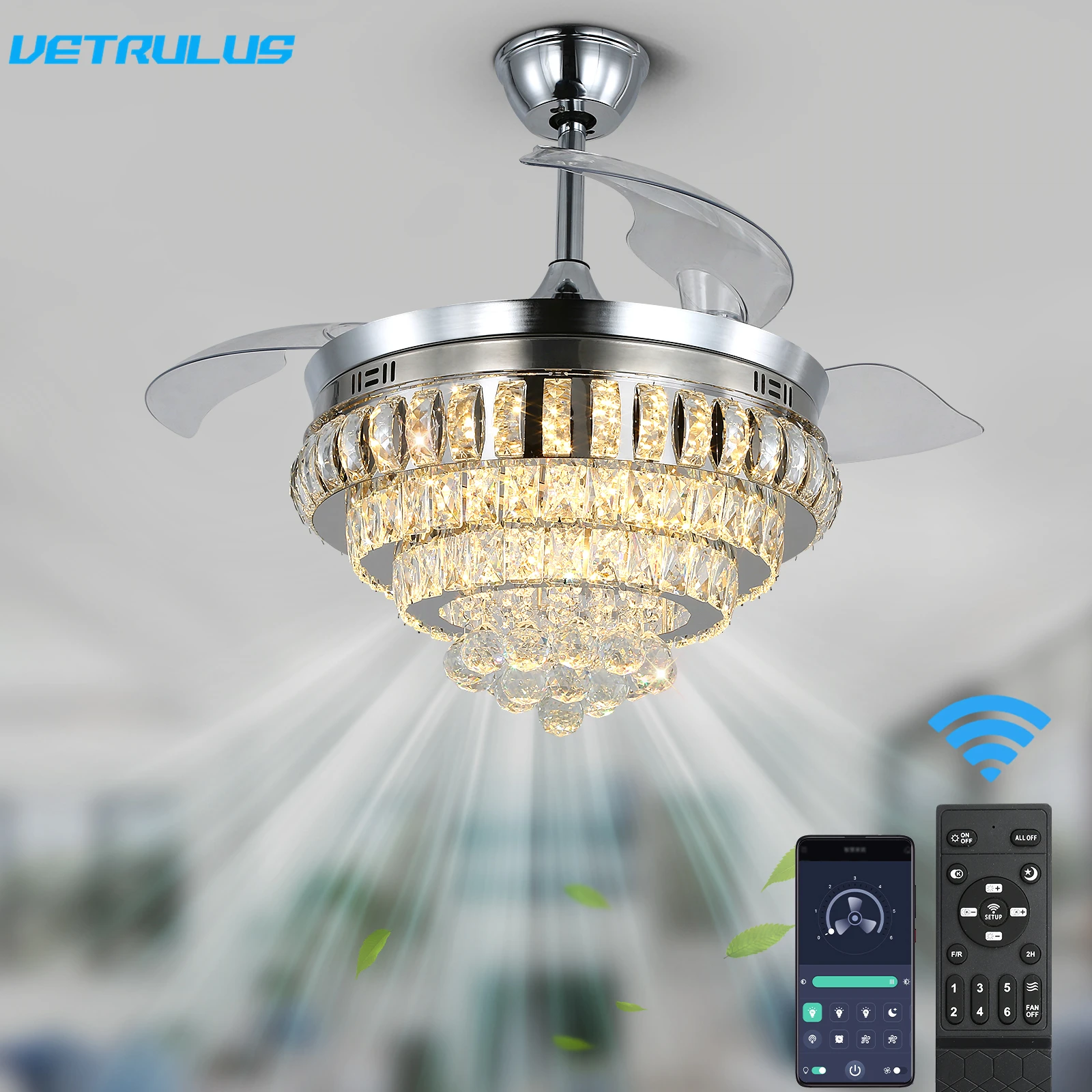 Modern Ceiling Fan Lamp Crystal Ceiling Fan Led Light RC Living Dining Room Chandelier Indoor Decor Fixture BLDC Intelligent