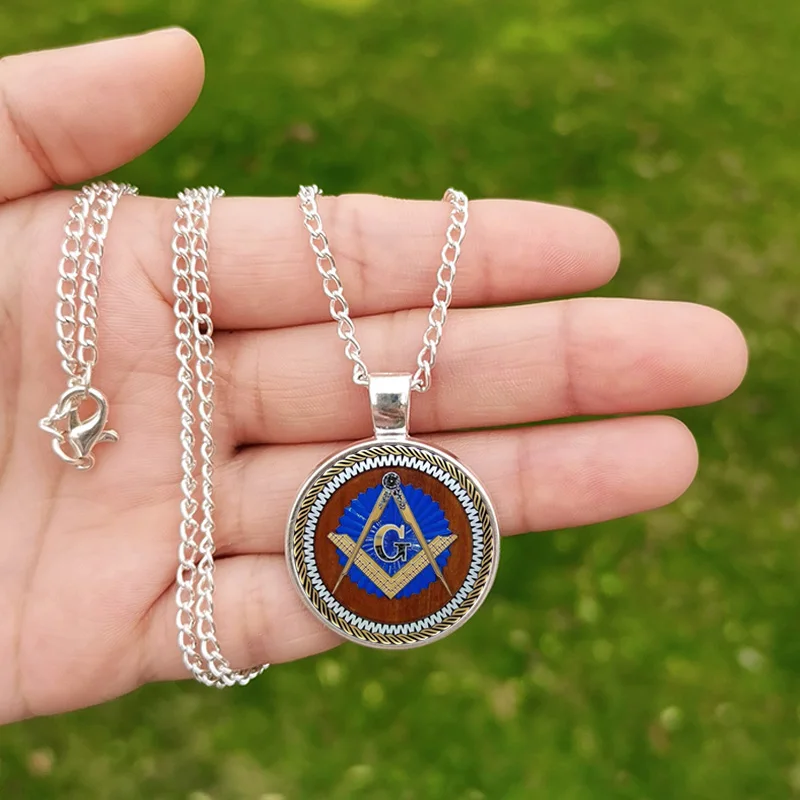 Free Mason Necklace Pendant Freemason Glass Photo Charm Retro Masonic Accessories for Men Women Jewelry Gift