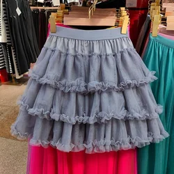 High Waist A-Line Tulle Skirt with Wood Grain Splicing Design Women's Inner Lined Short Skirt Pants Korean Style Commute