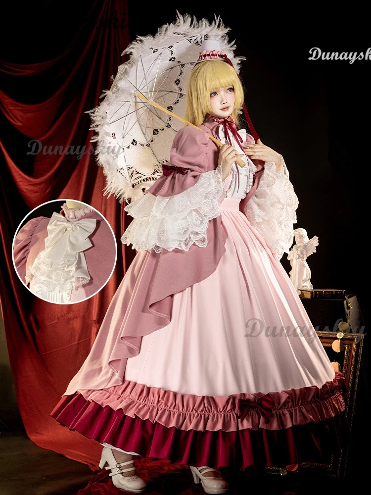 GOSICK 빅토리아 드 블루아 코스프레 코스튬 가발, 애니메이션 핑크 원피스 메이드 로리타 유니폼 망토 머리핀, 할로윈 파티 소녀