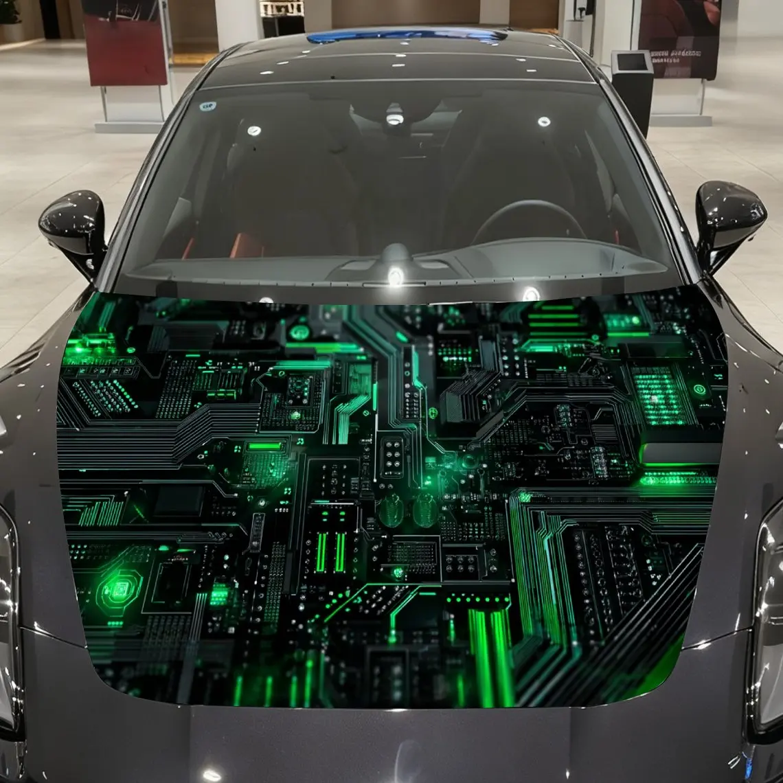 

Green Core Circuit Cyber Fantasy Car Vinyl Wrap, PVC Material Waterproof Car Hood Sticker, Self-Adhesive Scratch-Resistant Stick