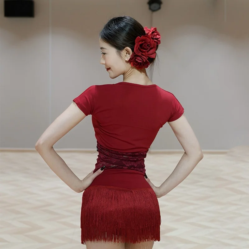 New Latin Dance Costume Women Short Sleeves Lace Blouse Tassel Skirt Cha Cha Samba Dance Practice Performance Dancewear DNV23754