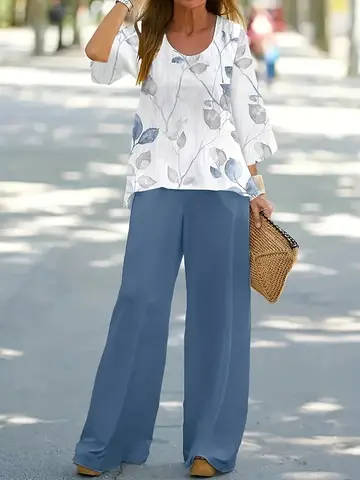 Women Casual Plus Size 1XL-5XL Outfits Set Floral Print Long Sleeve Round Neck Top Pants Outfits Two Piece Set