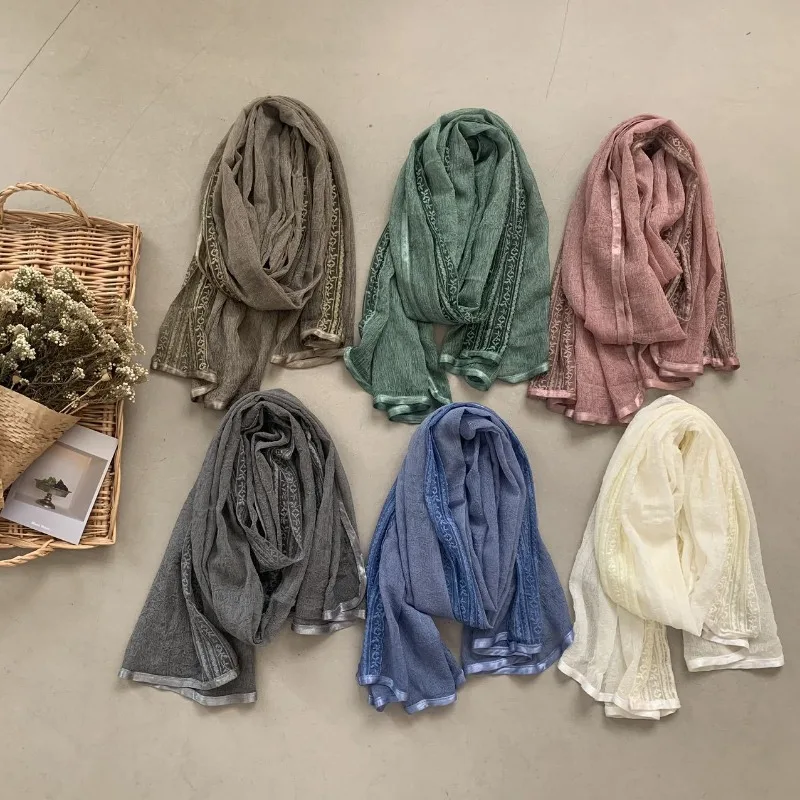 

Льняной шарф из хлопка с кружевом для женщин, легкий, зимний, весенне-осенний, стильный, модный, однотонный.