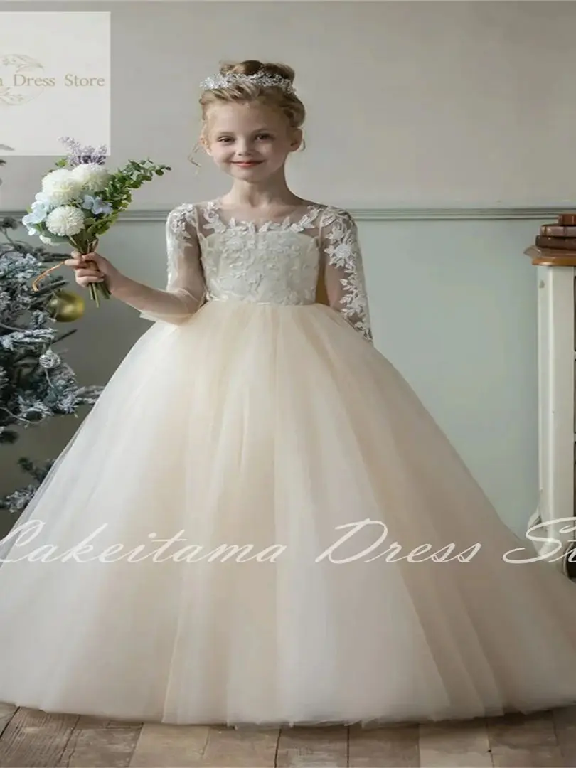 Wedding Applique Tulle Puffy Champagne Lace Flower Girl Dress for Long Sleeves A-Line With Bow Princess Birthday Party Ball Gown