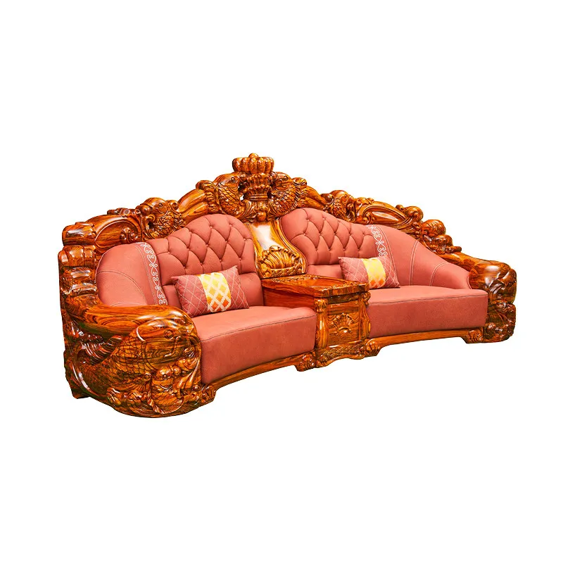 #European Style Villa Living Room Furniture Solid Wood Carving Luxurious Modern Design Top Layer Cowhide Sofa Combination