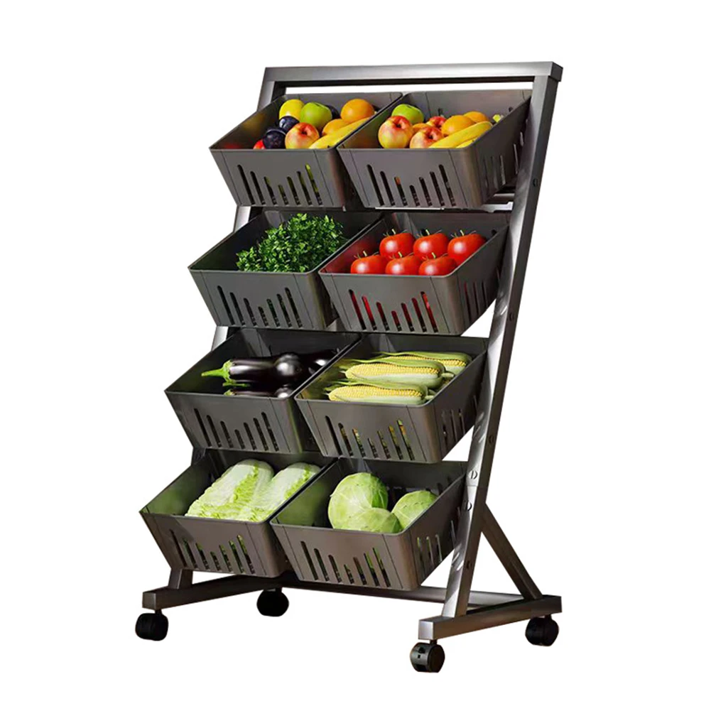 4-Tier Fruit and Vegetable Basket with Rolling Wheels Vegetable Storage Rack W/Rolling Wheels for Pantry Bathroom Laundry Room