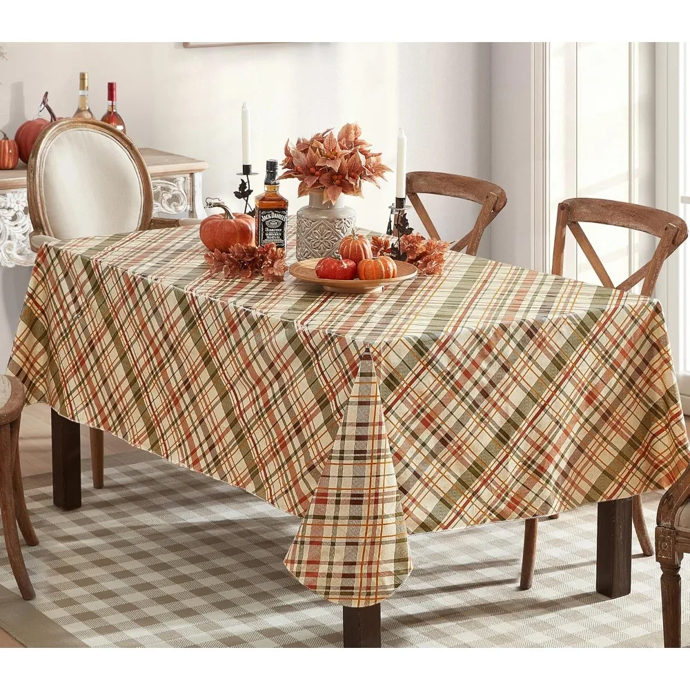 

Thanksgiving Diagonal Plaid Vinyl Flannel Backed Tablecloth - Green, Rust and Brown Plaid Wipe Clean Easy Care