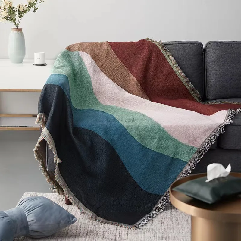 

Breathable Woven Throw Blanket with Tassels Nordic Gradient Stripes Pattern Sofa Cover Durable Blanket for Bed Couch & Outdoor