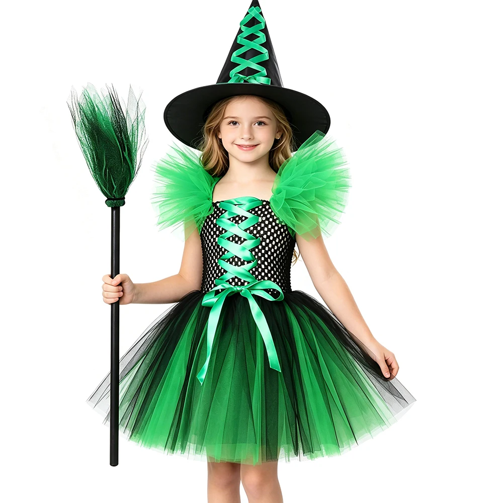 Girls Witch Tulle Tutu Dress Black Green Halloween Wicked Witch Costume for Kids Toddler Carnival Party Dress Up with Hat Broom