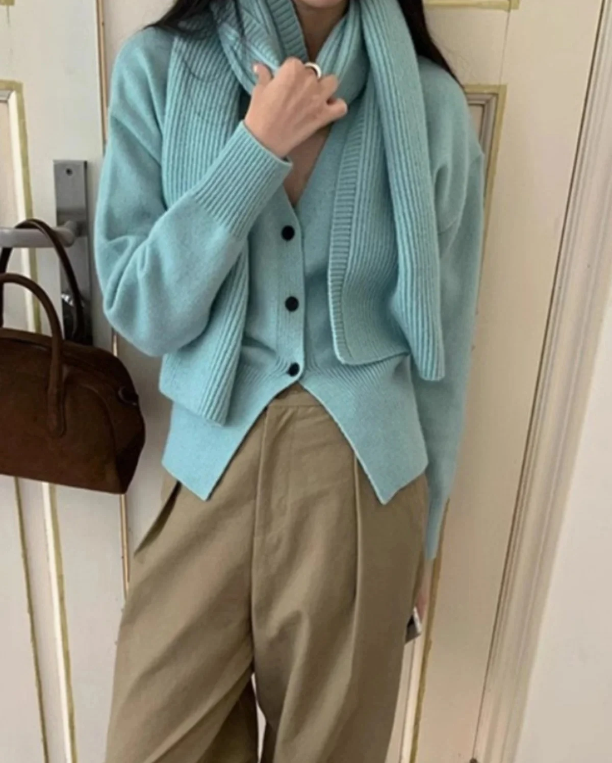 Koreaanse Sle Sweater Vest Lang Sve Dunne gebreide bovenkleding met sjaalkraag Loose Fit Herfst Winter Tweedelige set Dames...