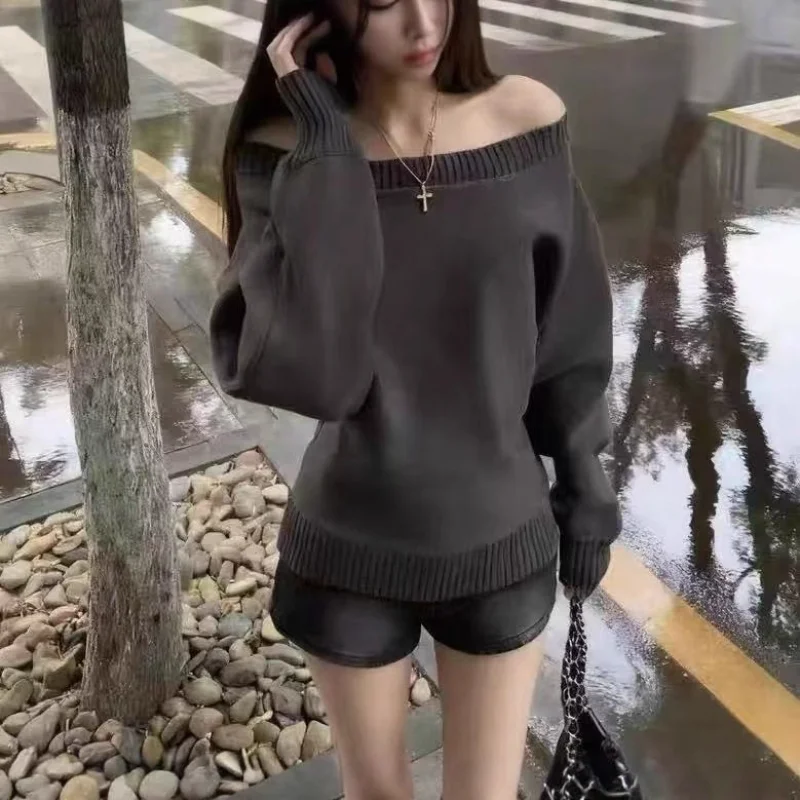 

Белый мягкий свободный свитер с открытыми плечами в корейском стиле, женский осенне-зимний ленивый стильный дизайн, новый вязаный топ