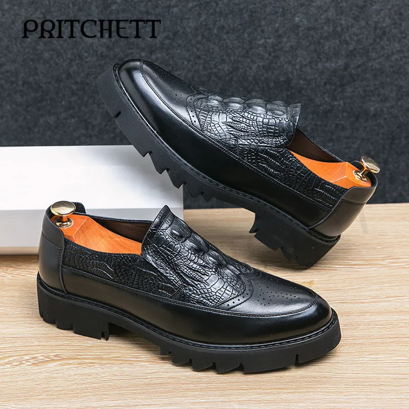 

Low-Top Thick-Soled Black Leather Shoes with Irregular Patterns Fashionable Casual Shoes Trendy Slip-On Business Formal Shoes