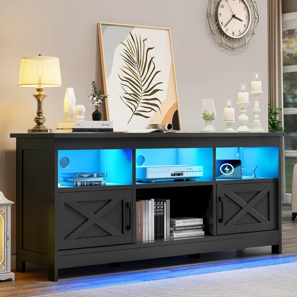 

Farmhouse TV Stand, 59 Inch TV Stand for up to 65" TVs, LED Light Entertainment Center with Storage Cabinets, Power Outlet