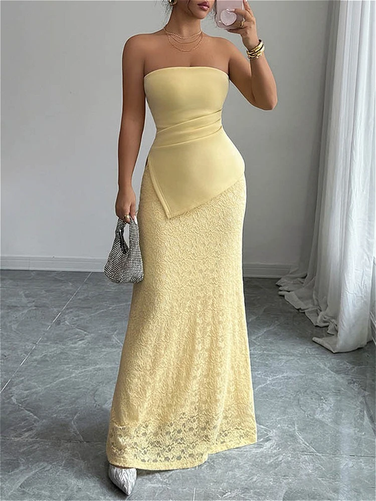 

Modigirl Women Tube Maxi Dress Women's Casual Dresses Women's Summer Dress Bodycon Lace Sleeveless Irregular Split Party Outfits