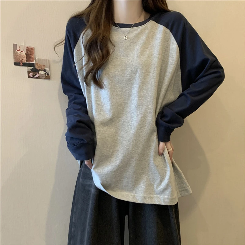 Trendy Long Sve Cotton T-irt Women's Loose Fit Korean Sle oulder Insert Design Spring Autumn plus Size Color Blo Top
