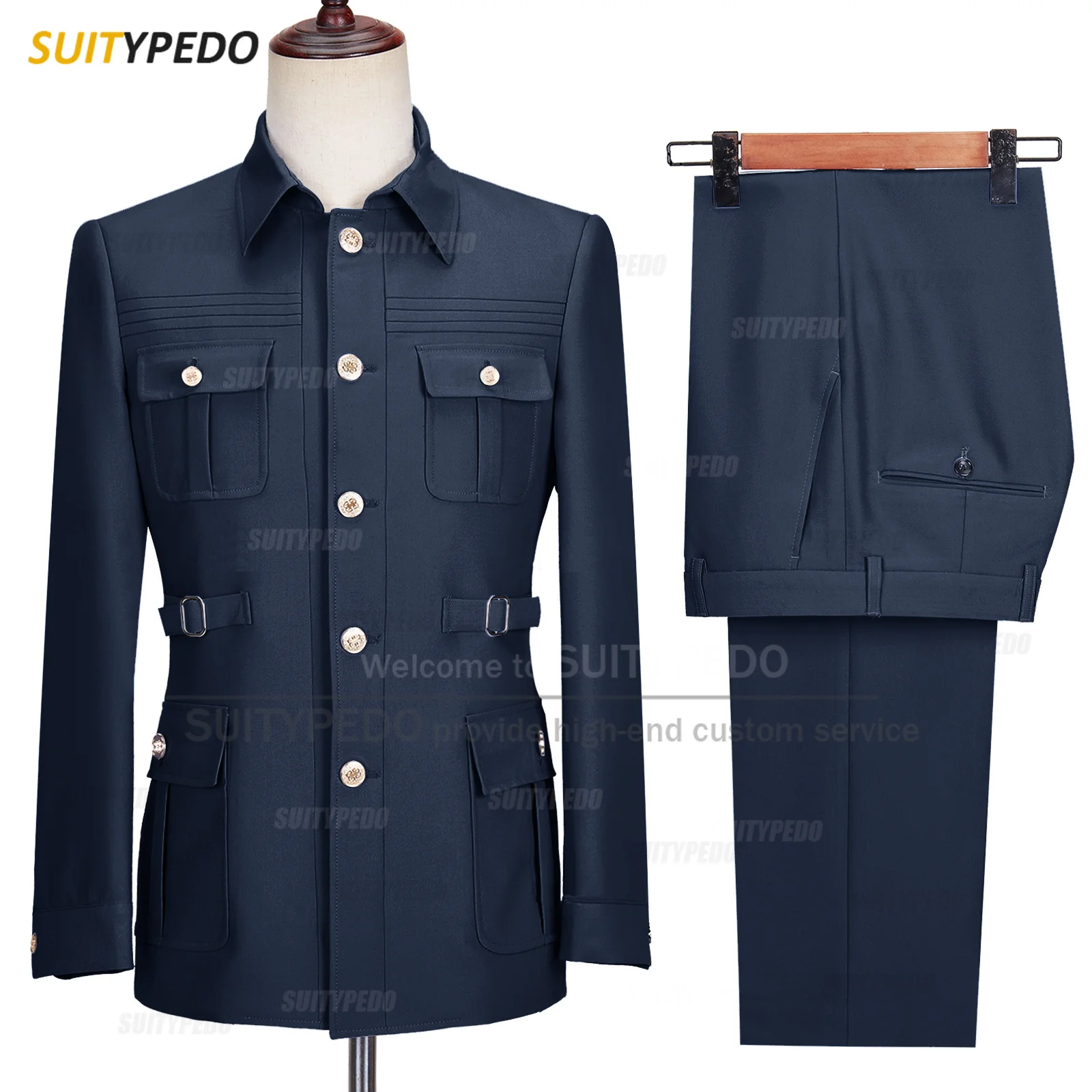 Tunique chinoise à boutons dorés pour hommes, blazer imbibé, pantalon élégant, vestes de marié de mariage, coupe couvertes, smoking d\'affaires,