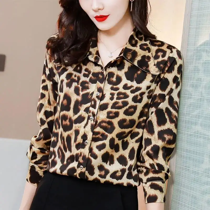 Stylish Printed Lapel Button All-match Leopard Shirt Women\'s Clothing 2023 Spring New Oversized Casual Tops Office Lady Blouse