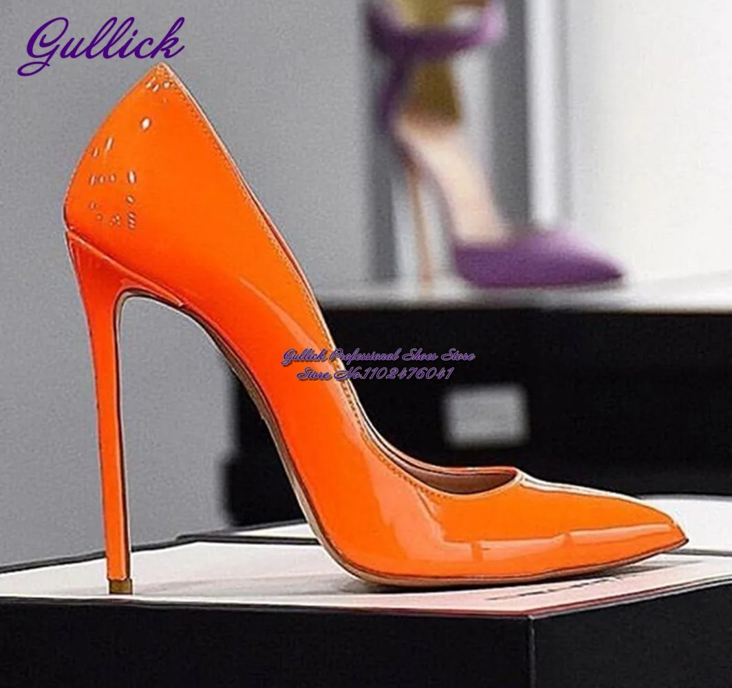 Gullick Women high quality patent leather high heel shoes 12cm 10cm 8cm slip-on shallow pumps pointy toe banquet pumps dropship