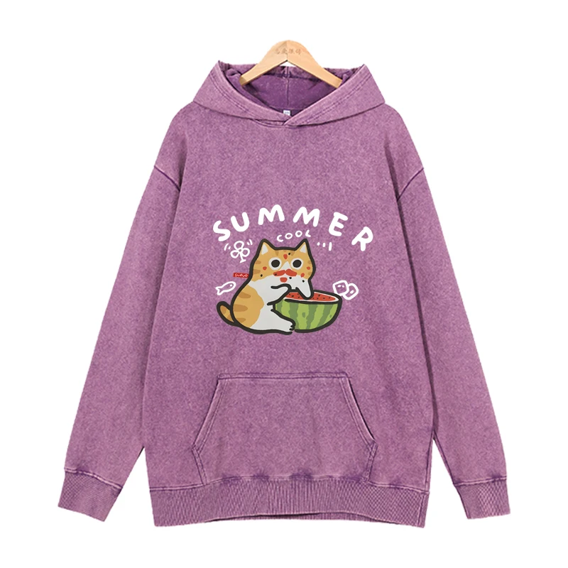 Chrysanthemum Cat Eating Watermelon Hoodies Men Fashion Graphic Printed Sweatshirts Women Casual Harajuku Streetwear Friends