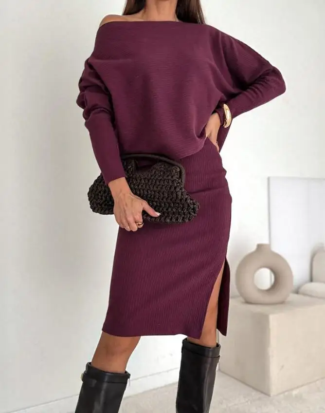 

2025 Women's Two Piece Elegant Sexy 2 Pieces Outfit Skew Neck Batwing Sleeve Top and Side Slit Skirt Set Casual Ribbed Set