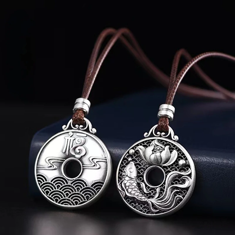 Fashion Lotus Carp Double Sided Pendant Retro Koi Necklaces for Men and Women Ping An Buckle Jewelry Accessories Holiday Gifts