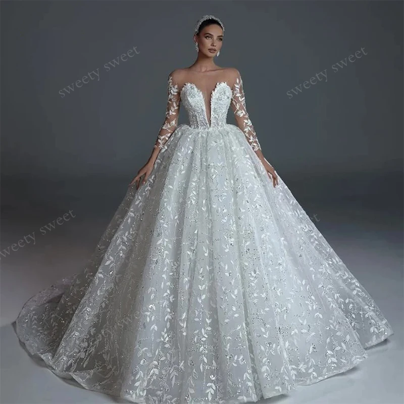 Luxurious Wedding Dress Embroidery Lace With Beading Princess Ballgown Fullsleeve O-Neck Customized Bride Dress Vestido De Novia