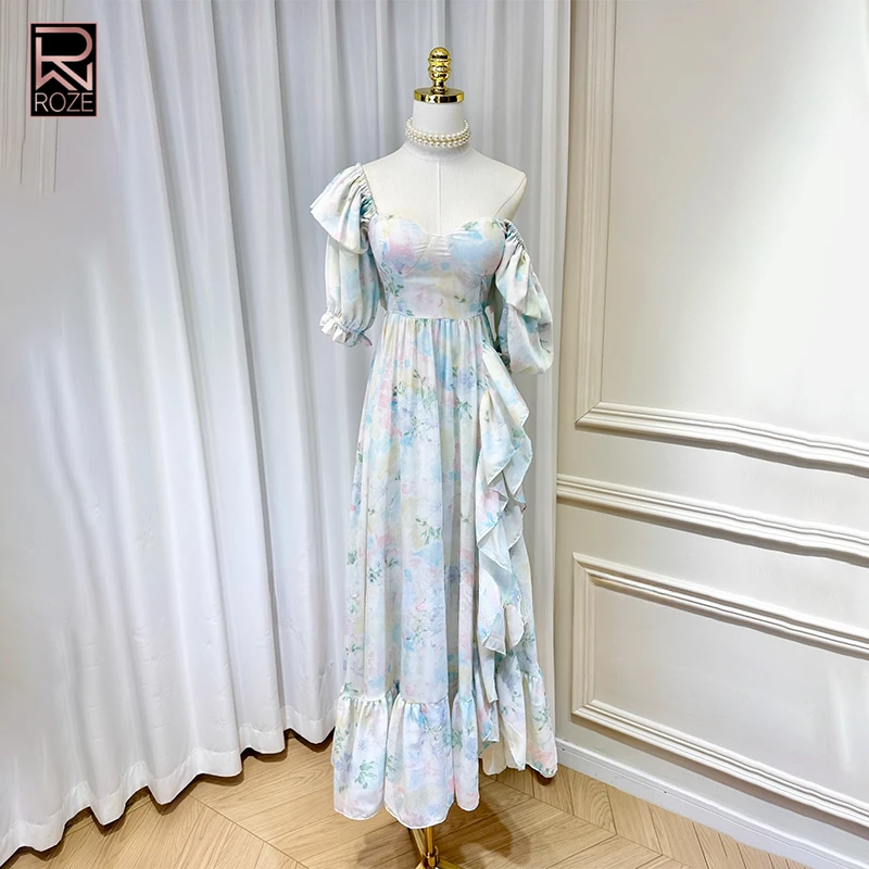 

KBQ French Solid Spliced Ruffles Tunic Dresses For Women Square Collar Puff Sleeve High Waist Vintage Elegant Dress Female New