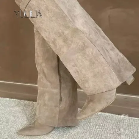 YULILIA Designer's Original New Women's Boots Pointed Toe Metal Buckle Knee High Boots Large Size Thick Heel Trouser Tube Boots