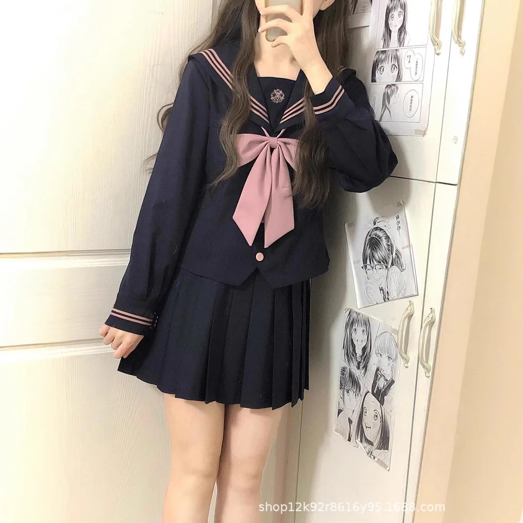 japanese-jk-sailor-outfit-summer-style-sweet-bow-waist-slimming-long-sleeved-a-line-skirt-suit-women-sailor-cosplay-uniform