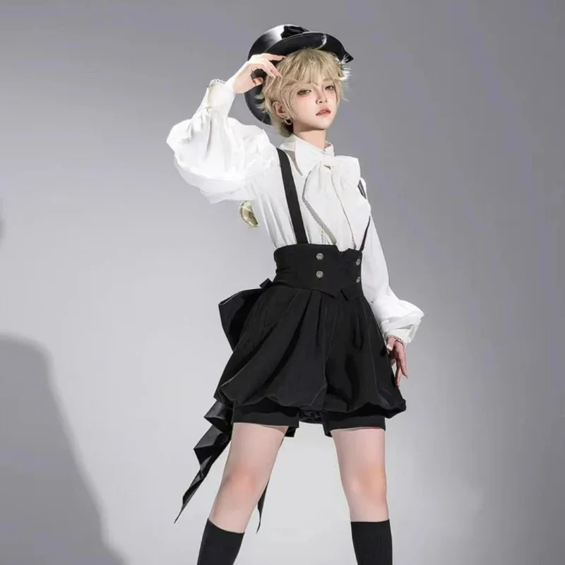 

Y2k 2 Piece Set Women Sweet White Bow Shirts Trailing Black Strap Skirt Mini Pants Casual Vintage Princess Suit Japanese Gothic