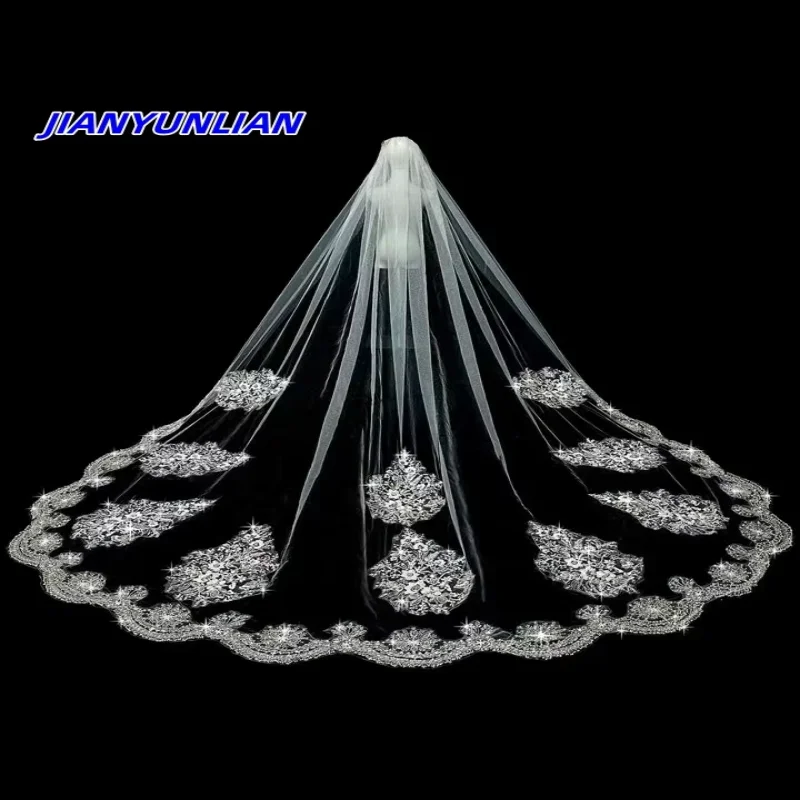 

Тяжелая свадебная фата из бисера для невесты, длинная фата в соборе с расческой, кружевной аппликацией, головной убор, аксессуары для волос