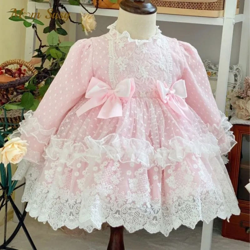 

Baby Girl Princess Bow Lace Dress Long Sleeve Child Vintage Pink Vestido Lolita Party Birthday Pageant Costume Baby Clothes 1-7Y