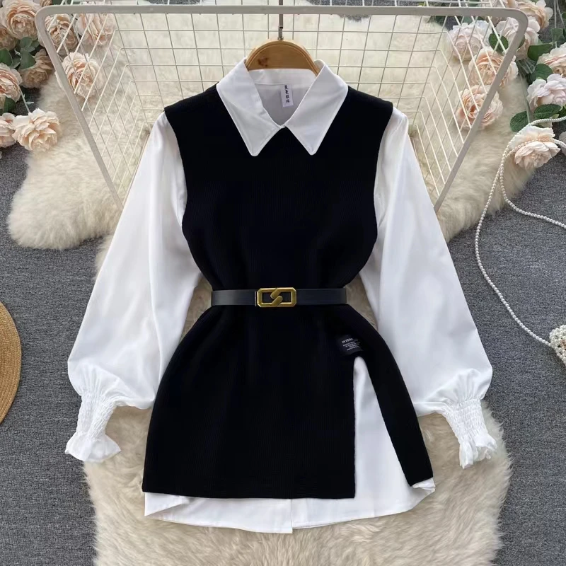 New Autumn Vest Sets Women Lantern Long Sleeve Lapel White Shirt + Casual Loose Knitted Vest Sweater Two Piece Set With Belt