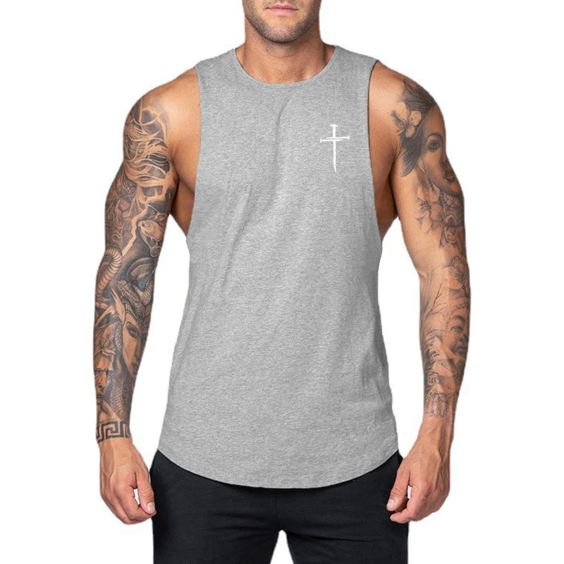 Personalized Cross Print Gym Clothing Mens Fashion Workout Muscle Sleeveless Shirt Cotton Bodybuilding Singlet Fitness Tank Tops