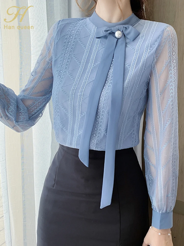 

H Han Queen Autumn Lace Blouses Lace-up Loose Shirt Simple Basic Top Work Casual Vintage Blouse Korean Hollow Out Women Clothing