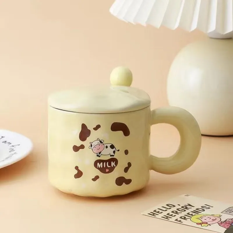 

Korean cartoon cow ceramic Mark Drinking cup with lid spoon Male and female students children home breakfast milk oats