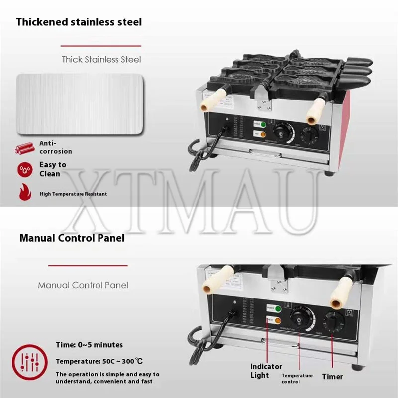 Máquina comercial de gofres de pescado de boca abierta, gofrera Taiyaki en forma de pez, revestimiento antiadherente, plancha para muffins de aperitivos de acero inoxidable