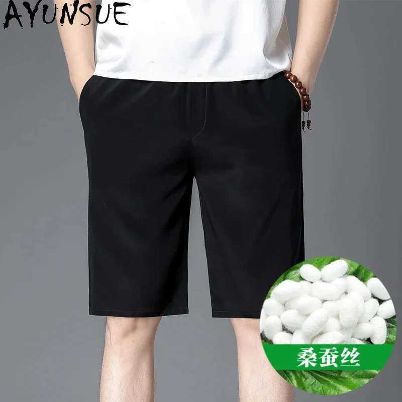 AYUNSUE 100% Mulberry Silk Shorts for Men Clothing Summer Casual Trousers Breathable Straight Pantalon Corto Hombre 2025