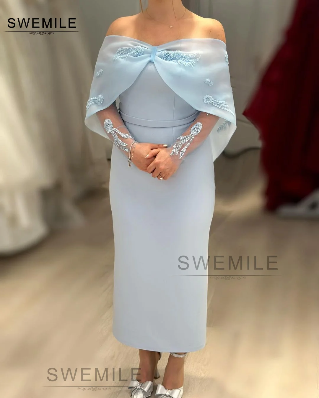 SWEMILE Column Ankle-Length Applique Off-The-Shoulder Neckline Zipper Up Sleeveless Evening Dress Wedding Party Dress Elegant