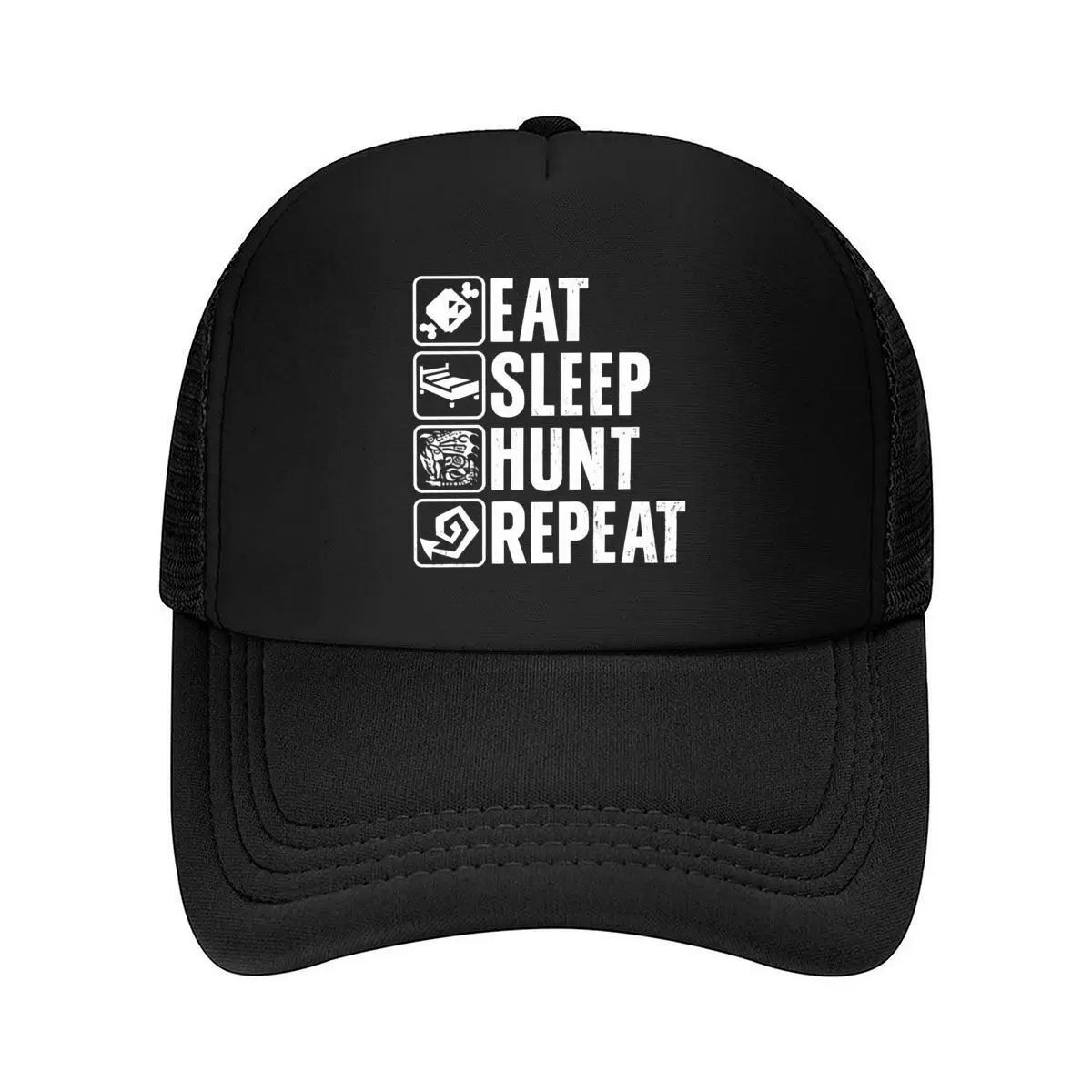 Eat Sleep Hunt Repeat Monster Hunter Gaming Design Mesh Baseball Cap Hip Hop