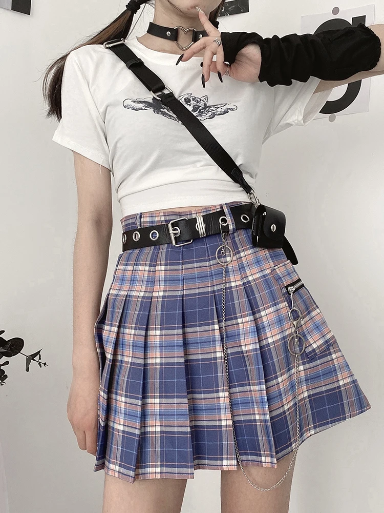 Harajuku Plaid Skirt Women Punk y2k High Waist Mini Tennis Skirts Uniform Chain Pocket A-line Streetwear Vintage Free Belt