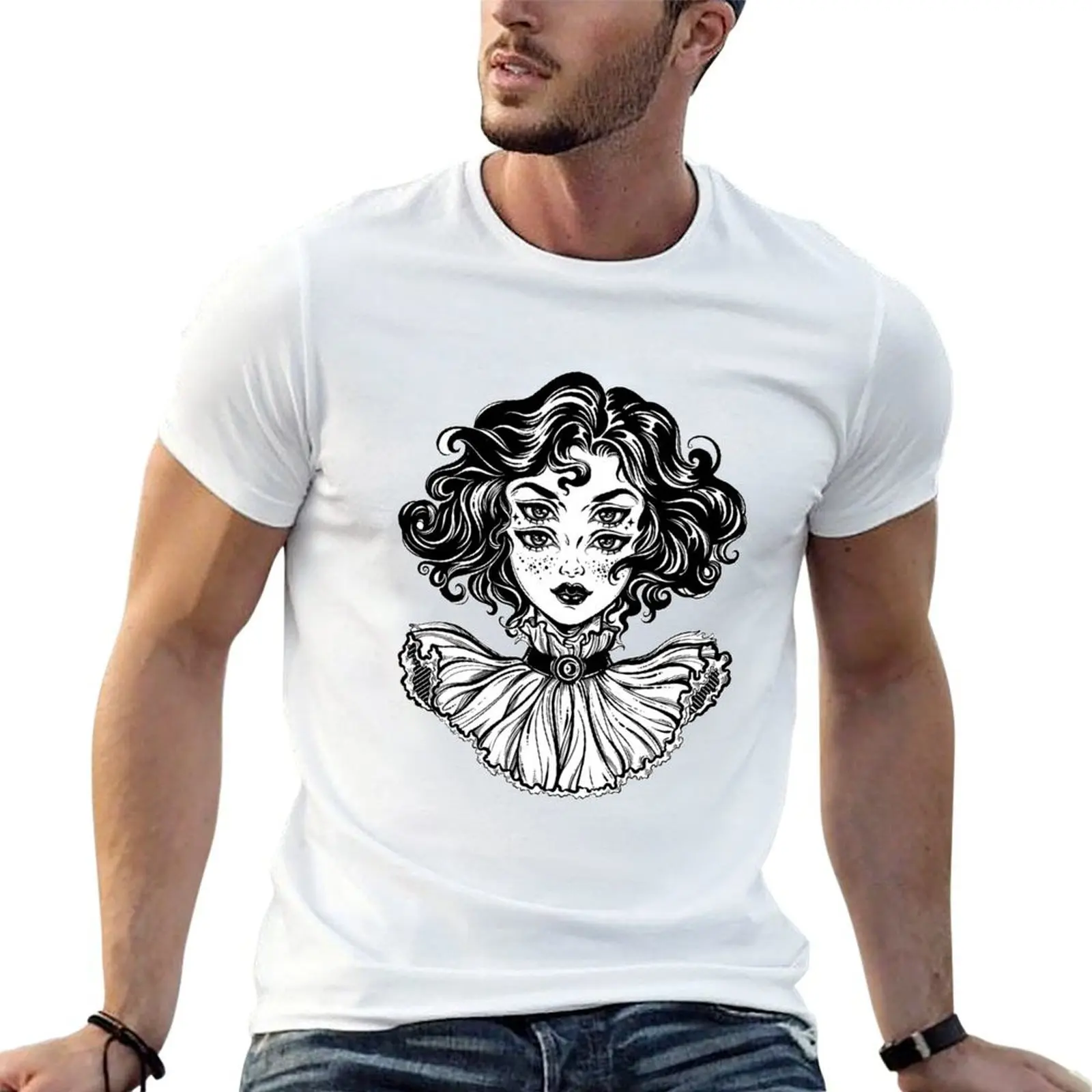 Gothic witch girl head portrait with curly hair and four eyes. T-Shirt sports fans sublime clothing for men