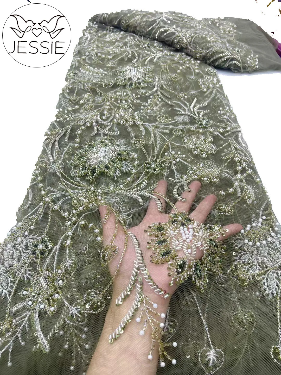 

5Yards 2024 Latest Delicate Fashion Elegant Best Quality Soft Sequins Lace Beaded Tube Lace Fabric For Wedding Evening Dresses