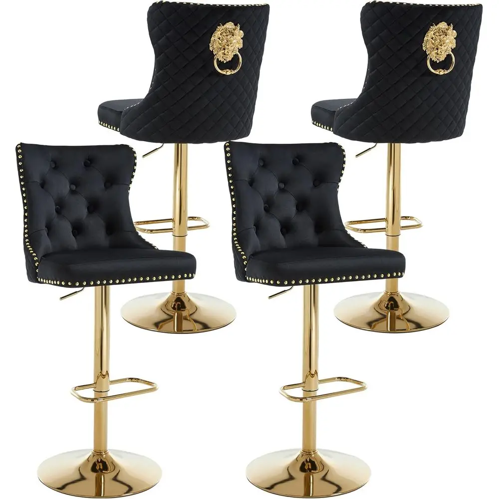 

Набор из 4-х бархатных барных стульев с кольцом льва и высокой тафтинговой спинкой для кухонных островов и кафе черного цвета