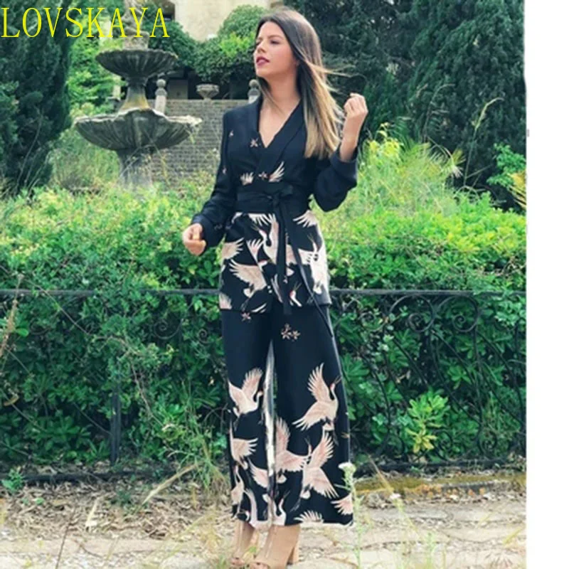 New Women's Vintage Clothing Set Printed Suit Wide Leg Vintage Pants Women's Print Set Pants Set