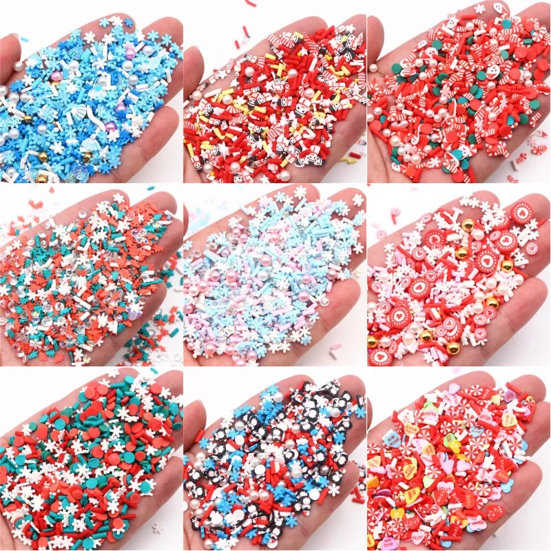 50g Mixed Xmas Snowfake Slices Christmas Polymer Clay Sprinkles Crafts Soft Clay Nail Art DIY Slime Mud Filler Accessories