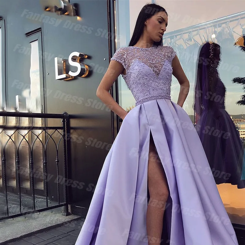 Elegant Purple Lace A-line Evening Dresses Sweetheart Round Neck Short Sleeve Tulle Beaded Side Split Decal Backless Prom Dress