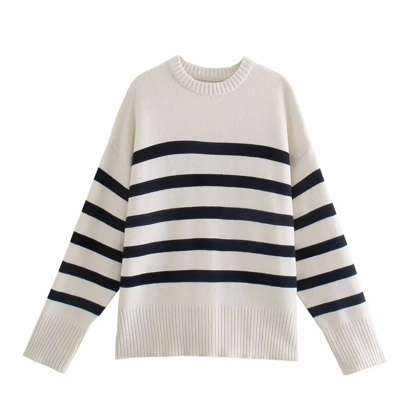

Women’s Two Tone Stripe Long Sleeve Pullover Crew Neck Sweater Casual Fashion Autumn Winter Clothing Comfortable Warm Wear