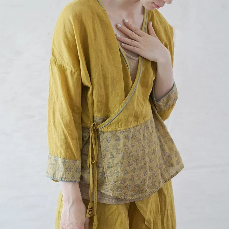 

Женские рубашки рами с v-образным вырезом и рукавами четвертью в стиле пэчворк, свободная блузка, новинка лета 2024, винтажная повседневная рубашка с цветочным принтом